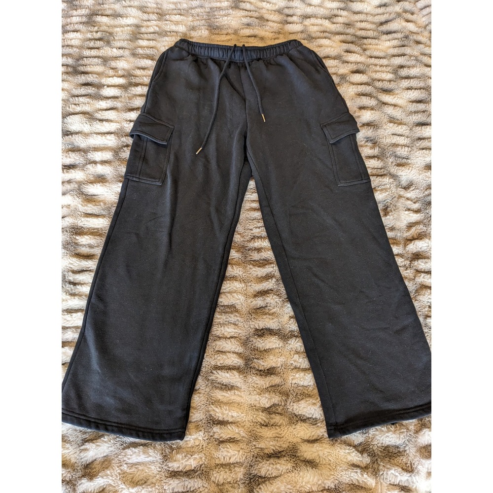 Trendy Queen Black Cargo Sweatpants Wide Leg Fleece Lined Joggers Gymfit Large